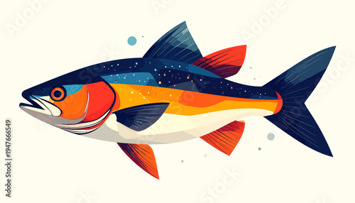 A vibrant and colorful illustration of a fish with blue, orange, and red markings, swimming against a plain white background.
