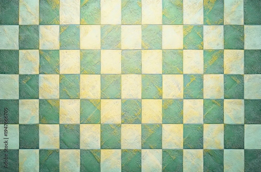 Fototapeta premium Textured wall with alternating green and yellow square tiles arranged in a symmetrical grid pattern creating a geometric visual effect