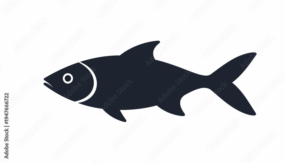 Fototapeta premium A simple, dark silhouette of a fish with an outlined eye and gill, swimming left.
