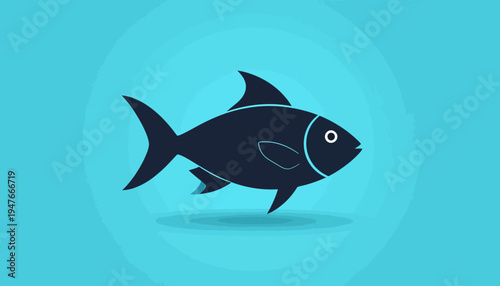 A simple, stylized dark fish illustration with a white eye on a vibrant blue background, swimming to the right.