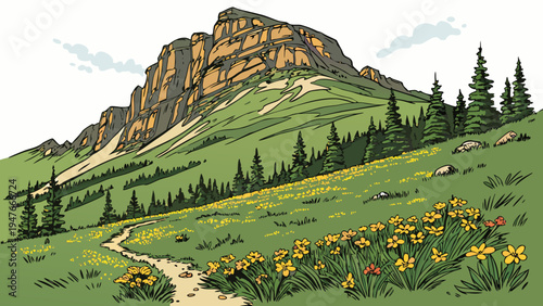 A large mountain sitting on top of a green hillside Vector