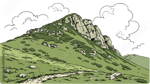 A green mountain with a rocky peak and clouds in the sky Vector