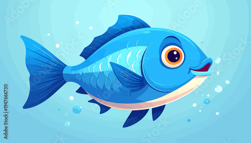 A vibrant blue cartoon fish with large eyes and fins swims happily in clear blue water with small bubbles.