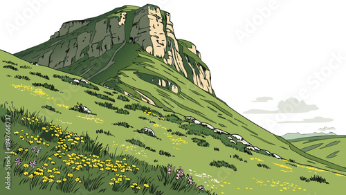 A large green mountain with yellow and purple flowers on the side Vector