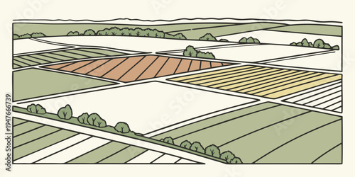 Aerial view of a farm with various fields Vector