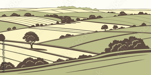 A landscape of fields and trees in a rural setting Vector