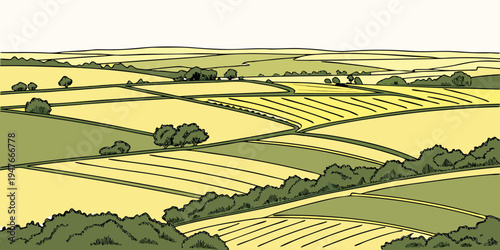 Aerial view of a rural landscape with fields and trees Vector