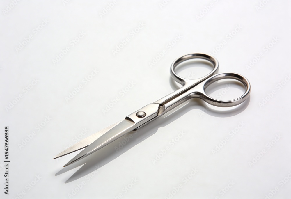 Obraz premium Small pair of silver metallic scissors lying open on a white surface