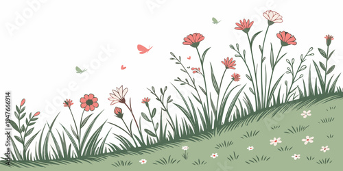 A green hill with flowers and grass on it Vector