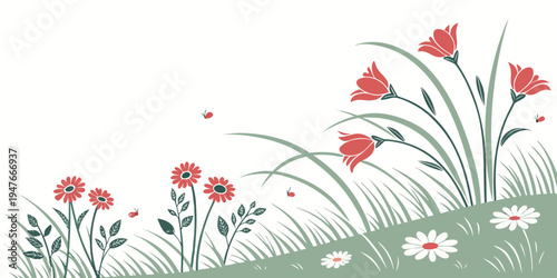 A bunch of flowers on a green hill Vector