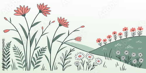 A green watering can with red flowers on a hill Vector
