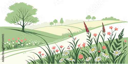 A serene landscape with a winding road and vibrant wildflowers Vector