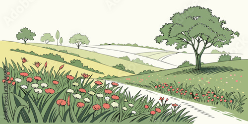 A field of red poppies with a tree in the background Vector