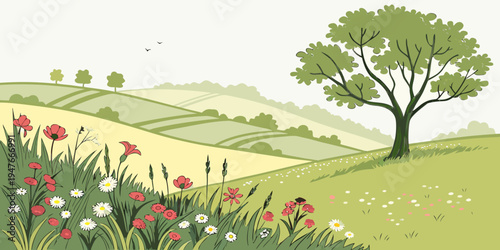 A tree on a green hillside with red flowers Vector