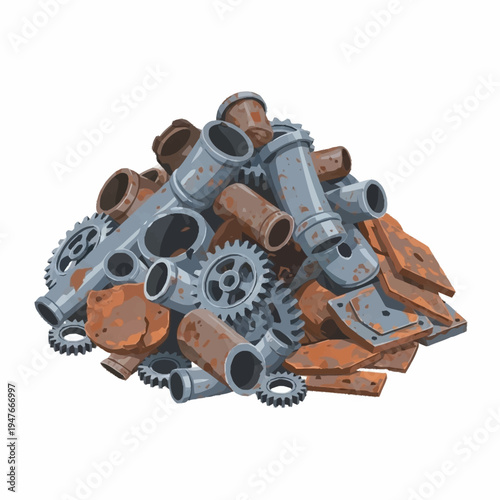 Pile of rusted metal scraps including pipes, gears, and plates, cartoon style.