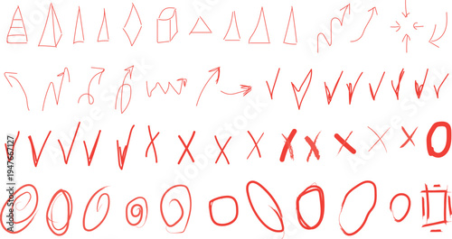  collection of hand-drawn red doodle elements, likely intended for use in digital annotations, illustrations, or graphics. 