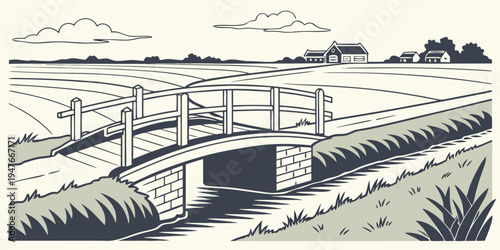 A bridge over a small stream in a rural landscape Vector