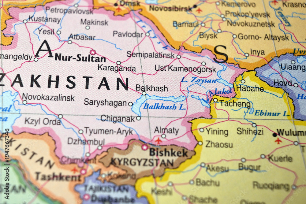 Naklejka premium Defocused Map Background Highlighting Balkhash Geography and Travel Concept