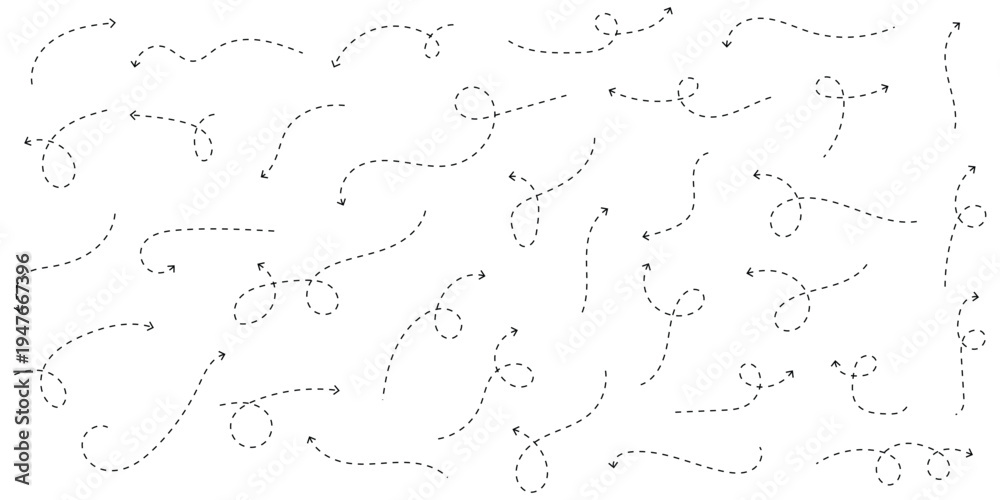 Obraz premium Doodle Arrow Set with Hand Drawn Marker Lines, Curved Arrows and Dotted Path Symbols