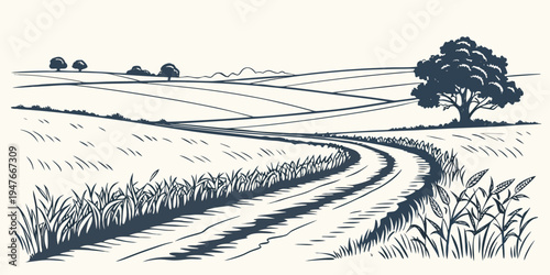 A dirt road winding through a rural landscape Vector