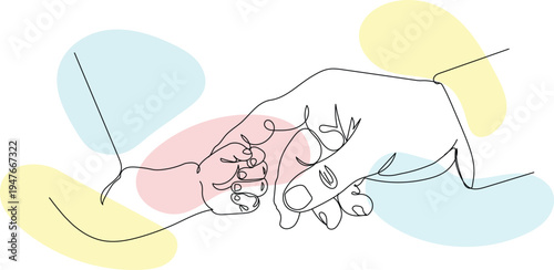 Continuous one line illustration of father holding baby hand with pastel abstract shapes
