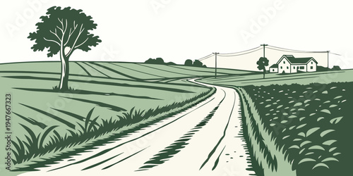 A dirt road running through a rural landscape with a tree and farm Vector