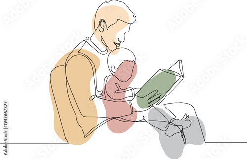 Minimal one line illustration of father reading book with child on lap with pastel shapes