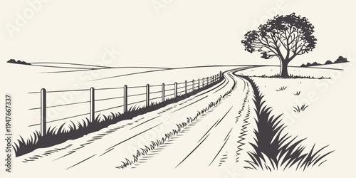 A dirt road with a fence and a tree Vector