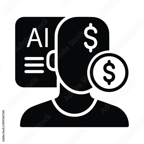 Ai and finance concept icon with human silhouette and dollars