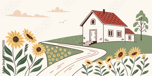 A house with sunflowers and a red roof on a green hill Vector