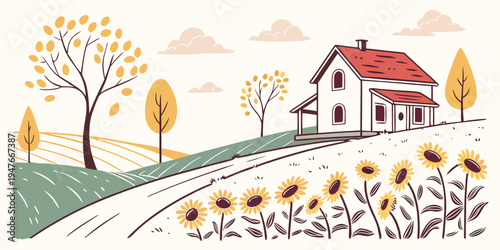 A house on a hill with sunflowers and trees Vector