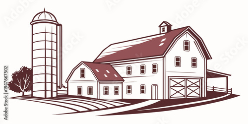 A large farm with a barn and silo Vector