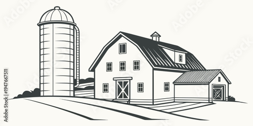 A farm with a barn and a silo Vector