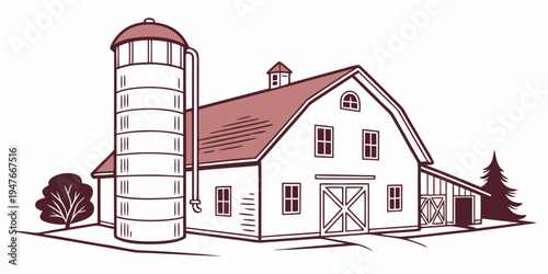 A red and white drawing of a barn with a silo Vector