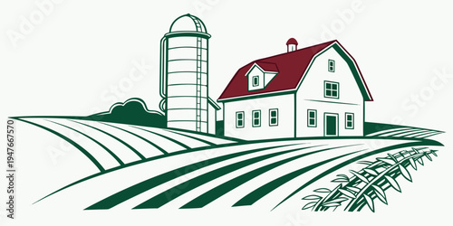A farm house with a silo and fields Vector
