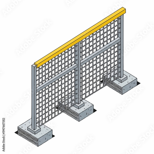 Isometric illustration of a gray metal fence with a yellow top bar, set on concrete bases.