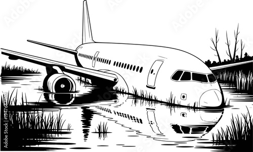 A black and white of a passenger airplane partially submerged in water surrounded by tall grass and bare trees