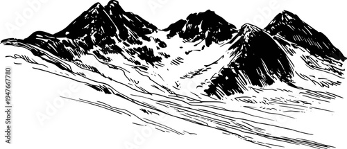 Black and White of Jagged Mountain Peaks Covered in Snow and Ice summit