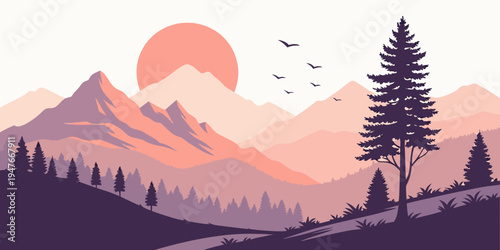 A serene mountain landscape at sunset with a tree and birds Vector