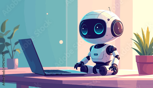 A cute white robot with big blue eyes sitting in front of an open laptop on a desk.
