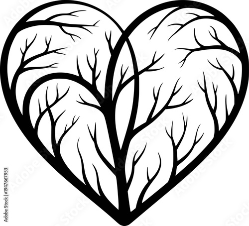 Black heart shape filled with intricate tree branches and bare limbs white background