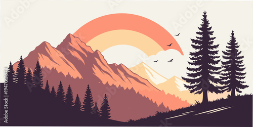 Sunset over mountain range with trees Vector