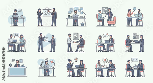 Minimalist flat vector illustration set of office teamwork scenes arranged in a grid layout.