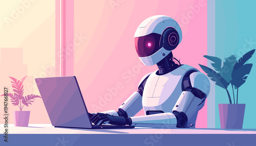 A futuristic white robot with a glowing visor sits at a desk, diligently working on a laptop in a modern, pastel-colored office environment.