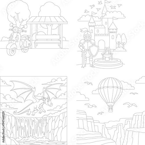 Adventure coloring book pages set: hot air balloon, castle, dragons, and scooter park scenes for kids, medieval castle