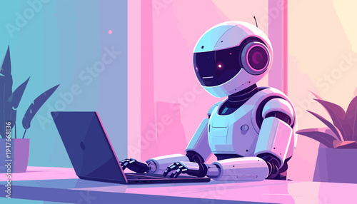 A white robot with glowing eyes sits at a desk, diligently typing on a laptop in a modern, neon-lit office environment, showcasing AI at work.