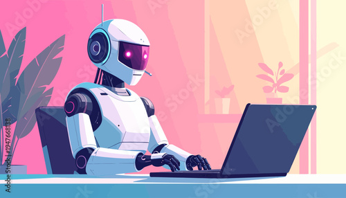 A futuristic white robot with glowing purple eyes typing on a laptop at a desk in a vibrant office.
