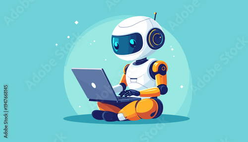 A cute cartoon robot sitting cross-legged and typing on a laptop computer.
