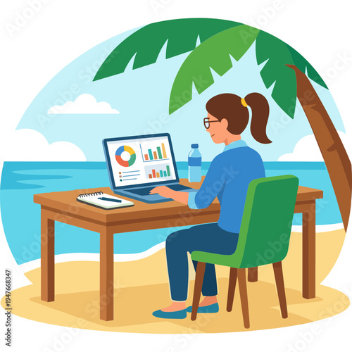 Woman working on laptop at beach under palm tree with ocean view