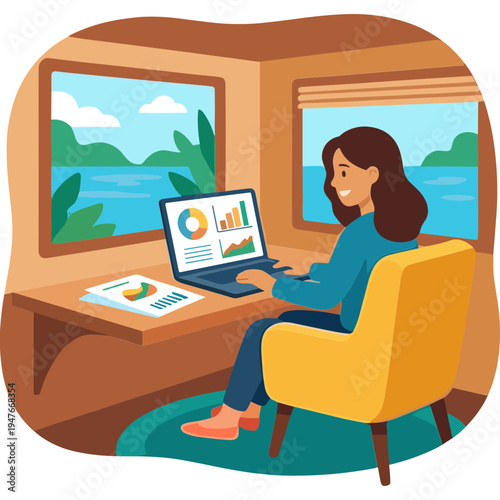 A woman sits by a window analyzing data on her laptop aboard a moving train.